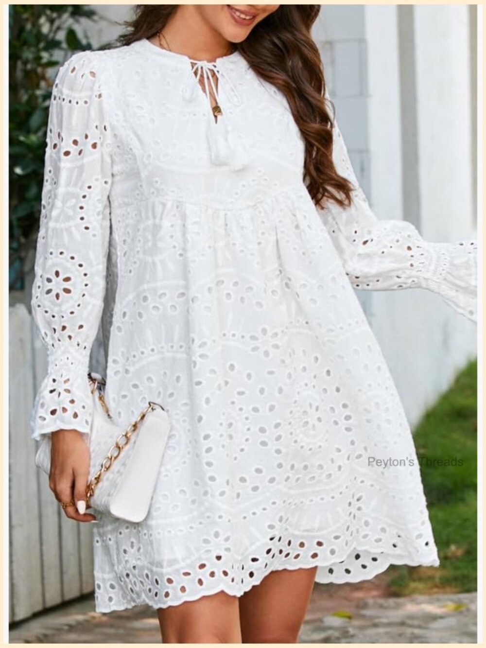 Boho Tassel V Neck Long Sleeve Lace Ruffle A Line Dress - Picture 3 of 7